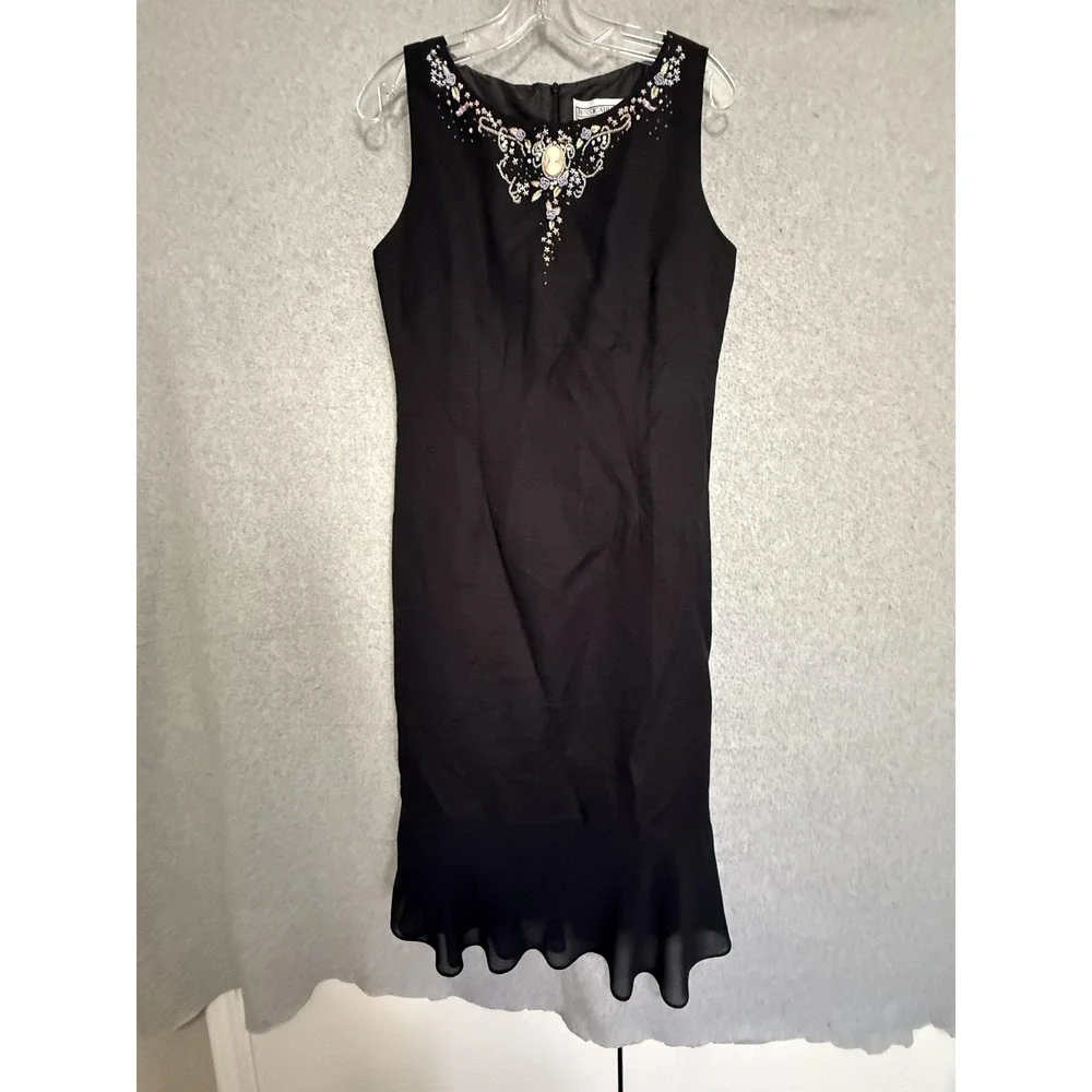 J2K essica Howard Dress Womens‎ 10 Black Beaded Cameo Sheath Midi Victorian
